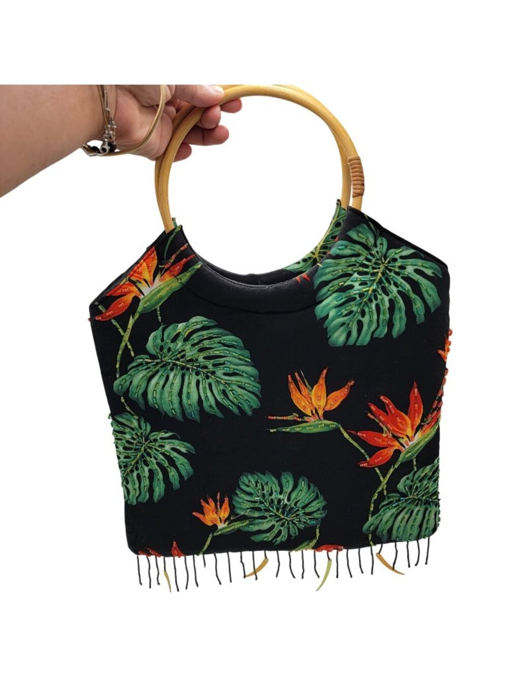 Vtg Wenger Tropical Beaded Tote Hand- Bag With Bamboo Handles & Fringe Detailing